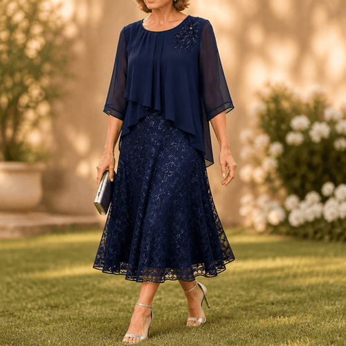 Elavine Floral Lace Overlay Chiffon Women's Midi Dress with Sheer Sleeves