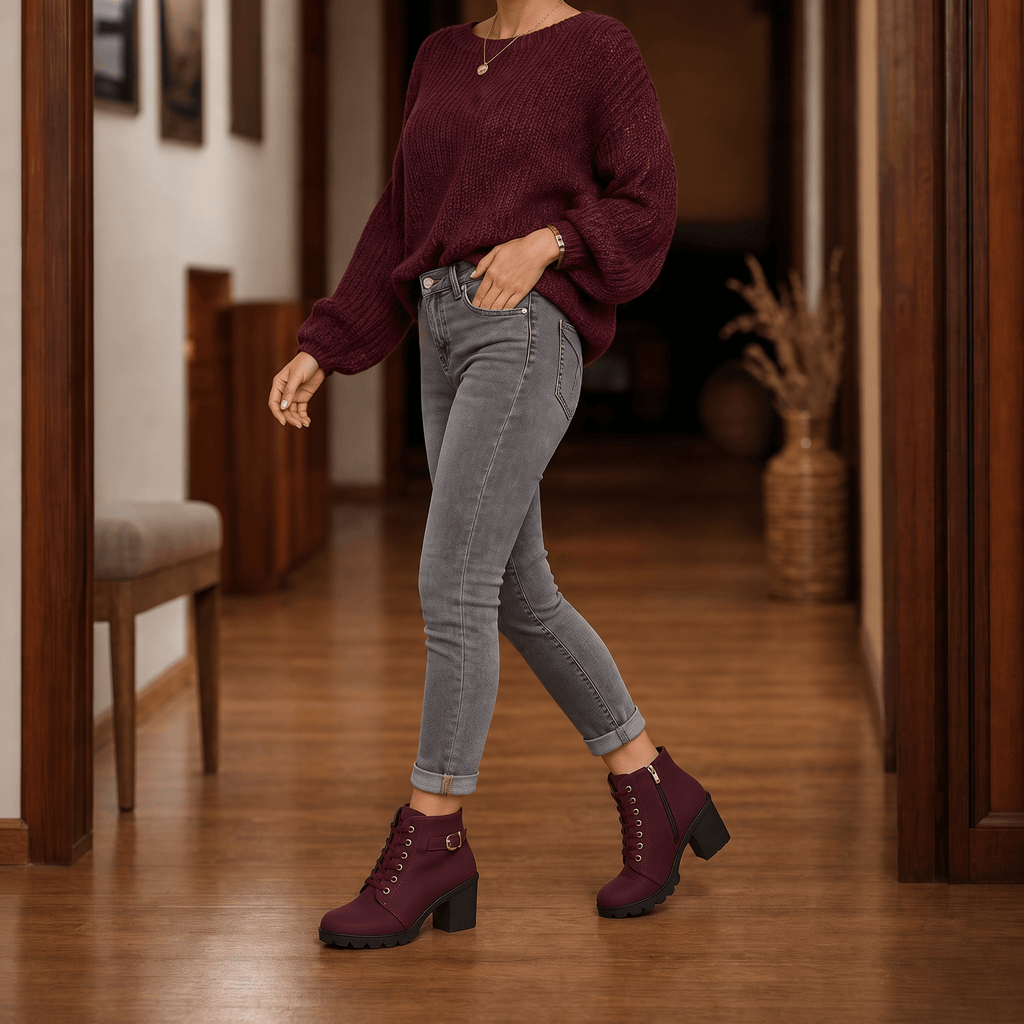 Women's Lace-Up Chunky Block Heel Ankle Boots with Side Zipper and Buckle Strap