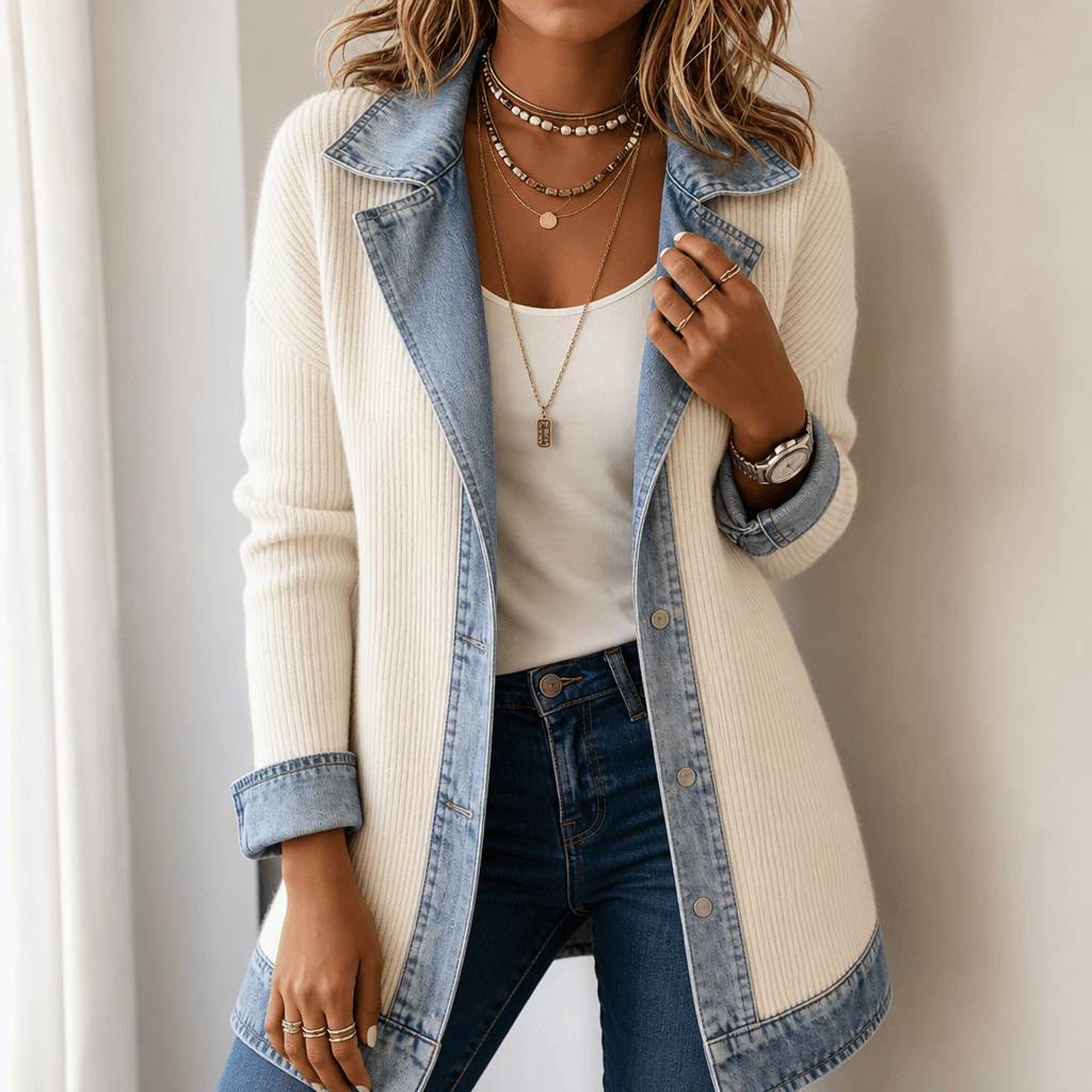Women's Ribbed Knit Longline Sweater Cardigan with Denim Panel Trim