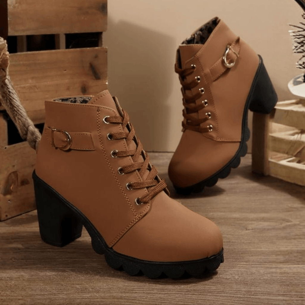 Lace-Up Ankle Black Boots with Side Zipper and Block Heel