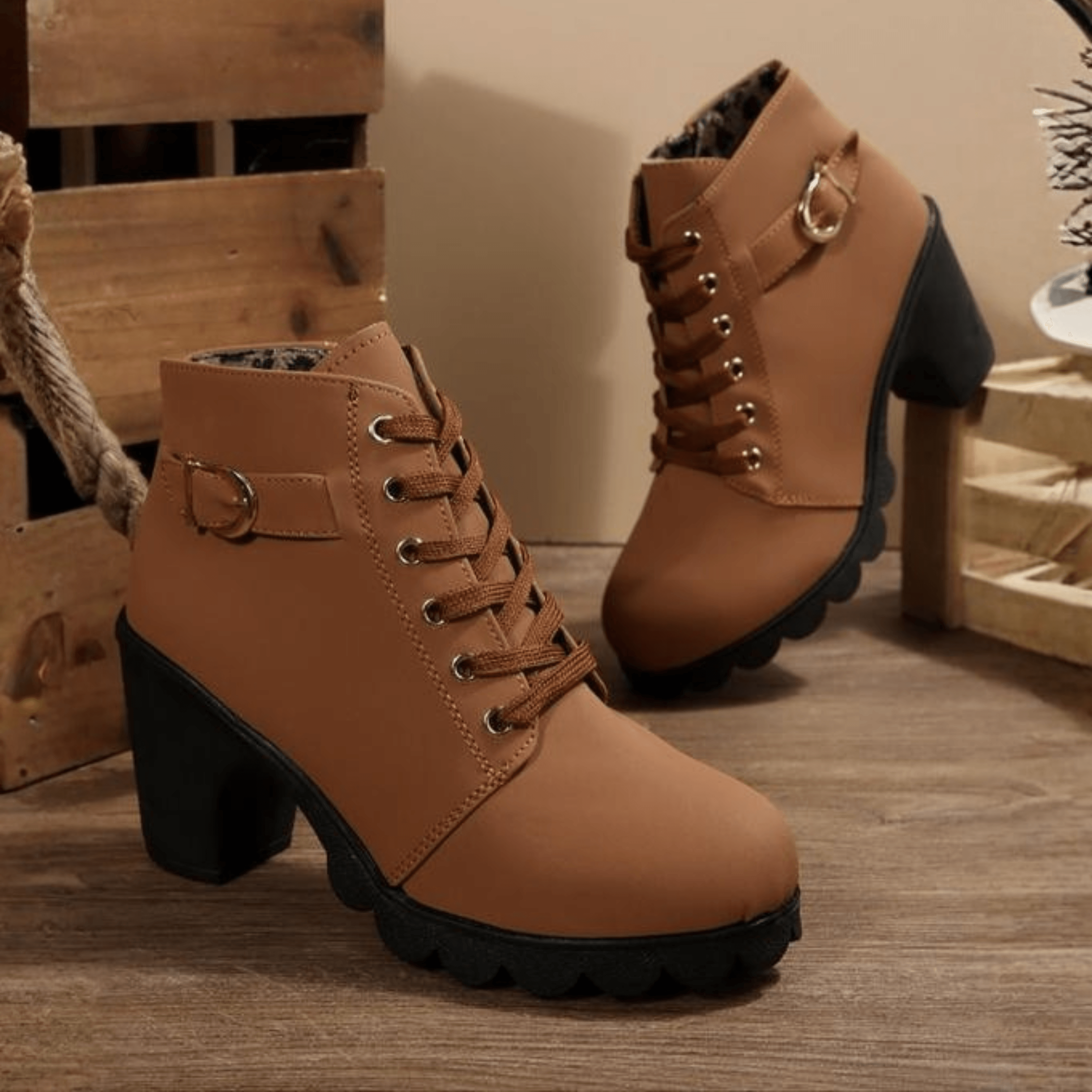 Lace-Up Ankle Black Boots with Side Zipper and Block Heel