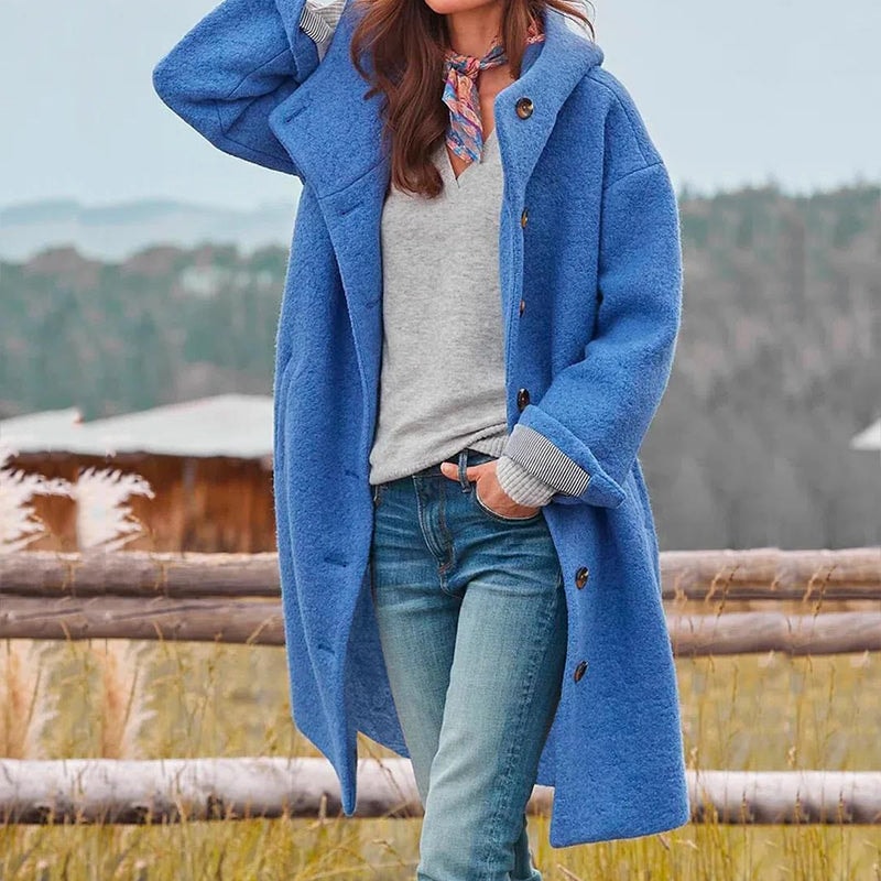 Women's Longline Wool-Blend Button-Front Winter Coat with Hood