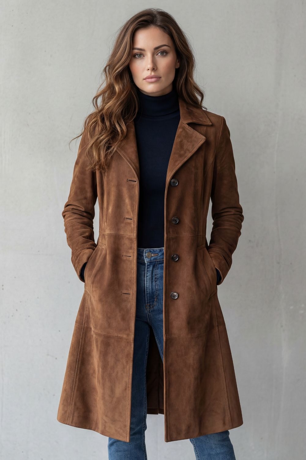 Women's Vintage Longline Winter Coat with Suede-Style Finish and Tailored Waist