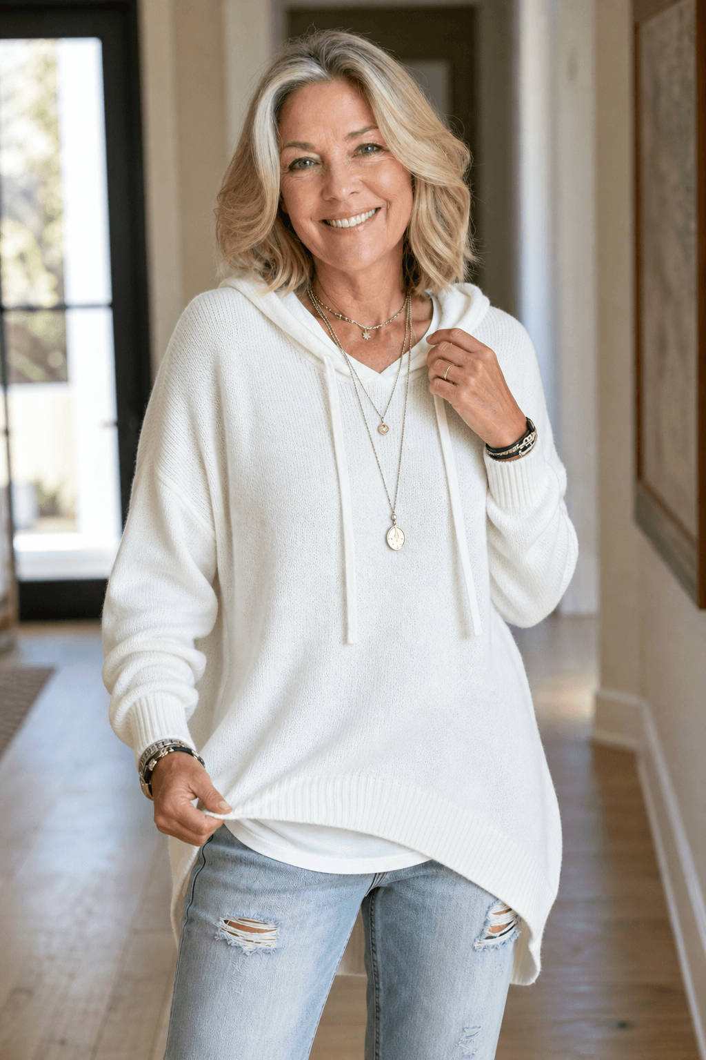 Women's Oversized Hooded Knitted Sweater with Drawstring
