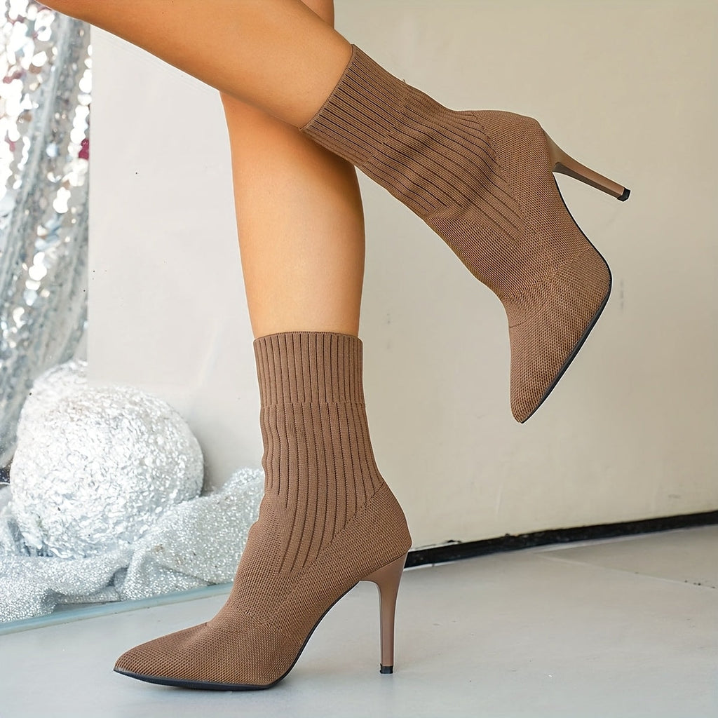 Women's Pointed-Toe Ribbed Knit Ankle Boots with Stiletto Heel