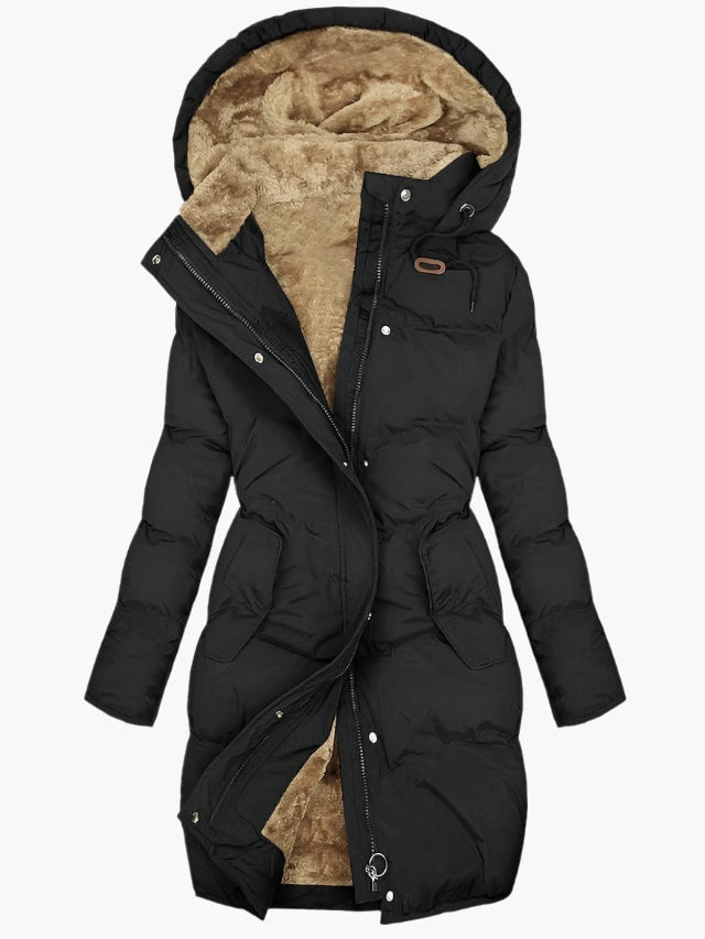 Long Quilted Puffer Jacket with Faux Fur Hood and Zip Placket