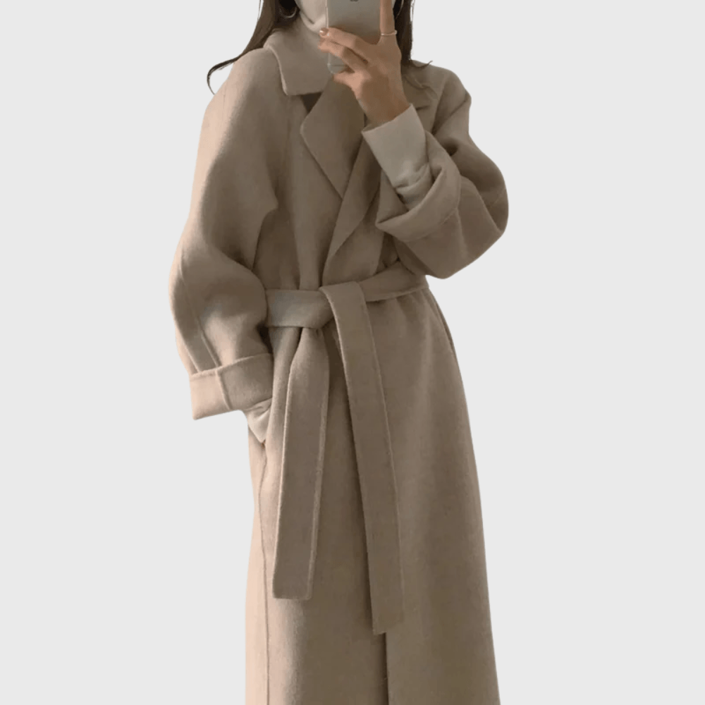 Notched Lapel Wrap Winter Coat with Belted Tie Waist in Wool Blend