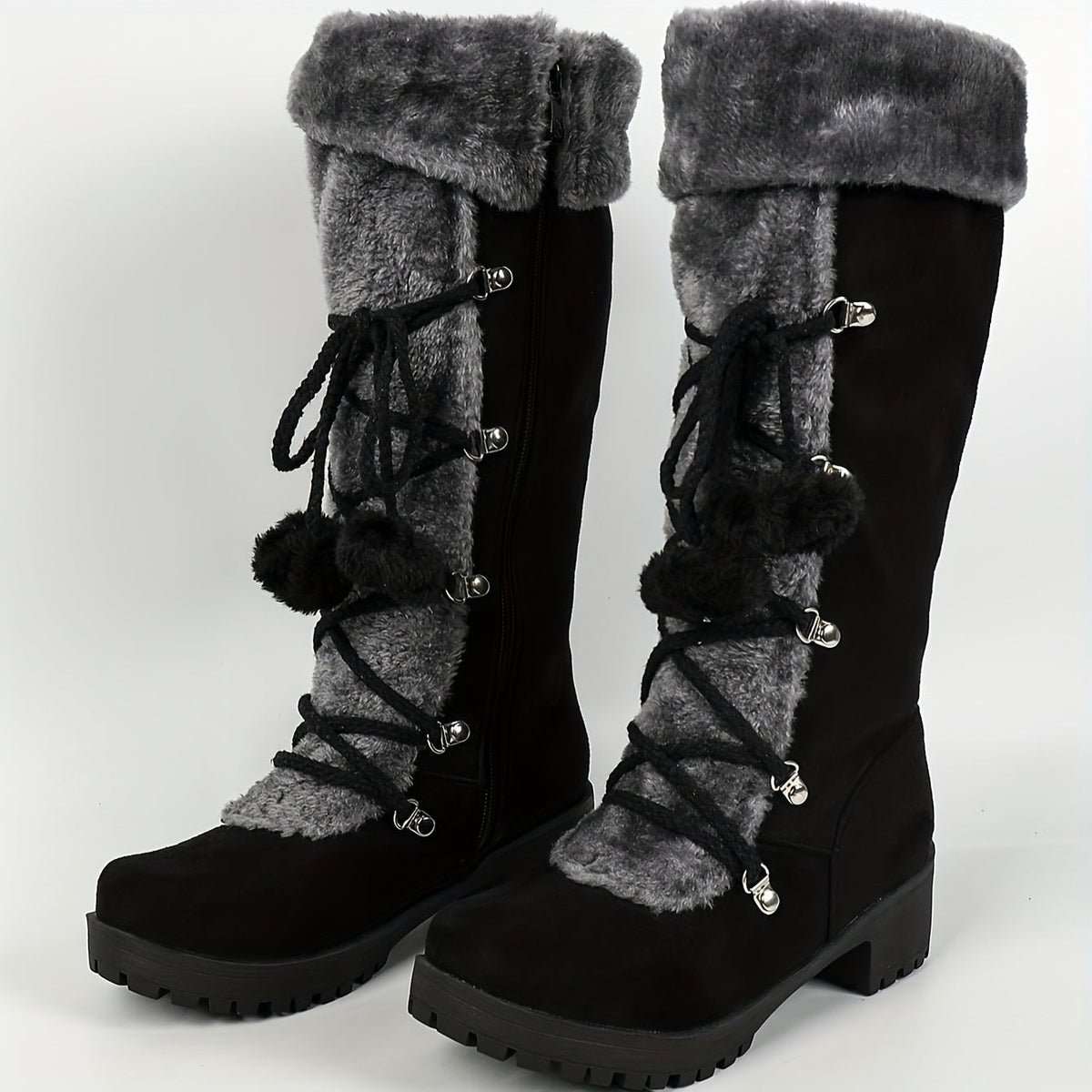 Women's Black Faux Suede Knee-High Boots with Faux Fur Trim and Lace-Up Detail