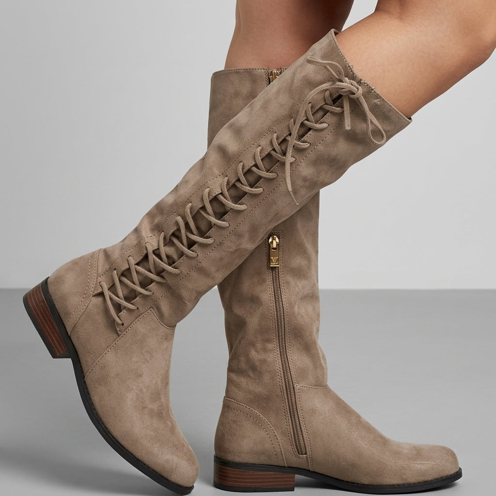 Women's Knee-High Riding Boots with Lace-Up Side and Block Heel