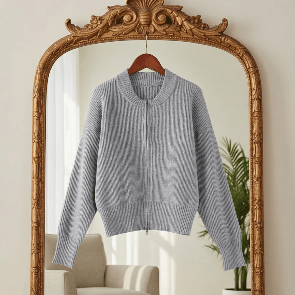 Women's Chunky Knit Zip-Up Cardigan with Bomber Collar and Ribbed Hem