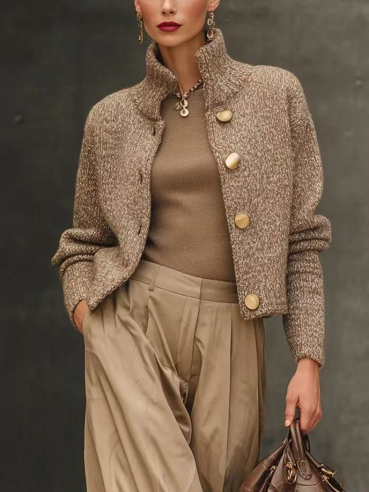 Women's Cropped Knit Sweater Jacket with Stand Collar and Button Front