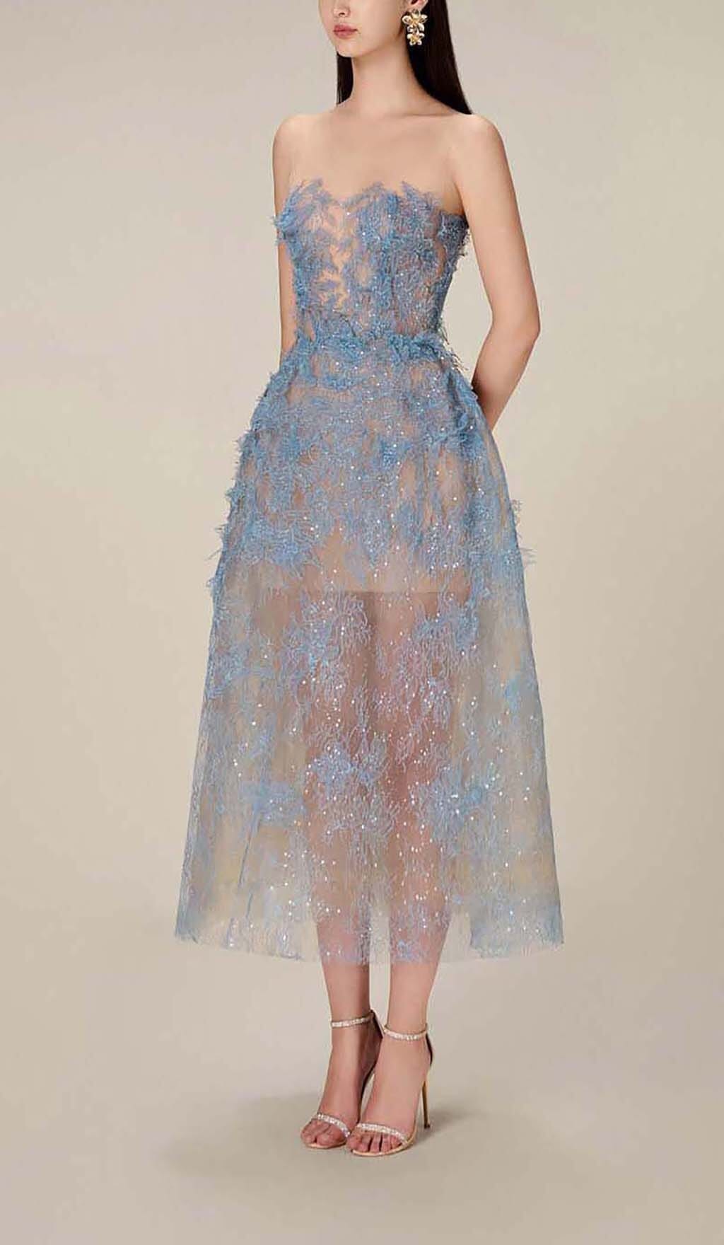 Joelle Floral Lace Embroidery Strapless Midi Homecoming Dresses
