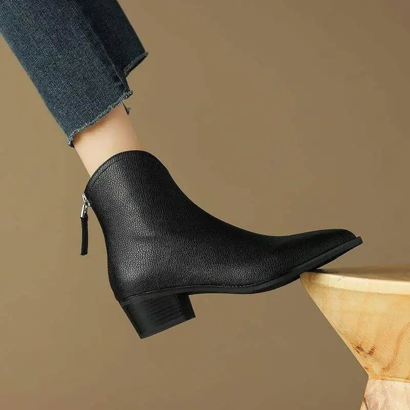 Kensley Pointed-Toe Faux Leather Women's Boots with Block Heel and Side Zip