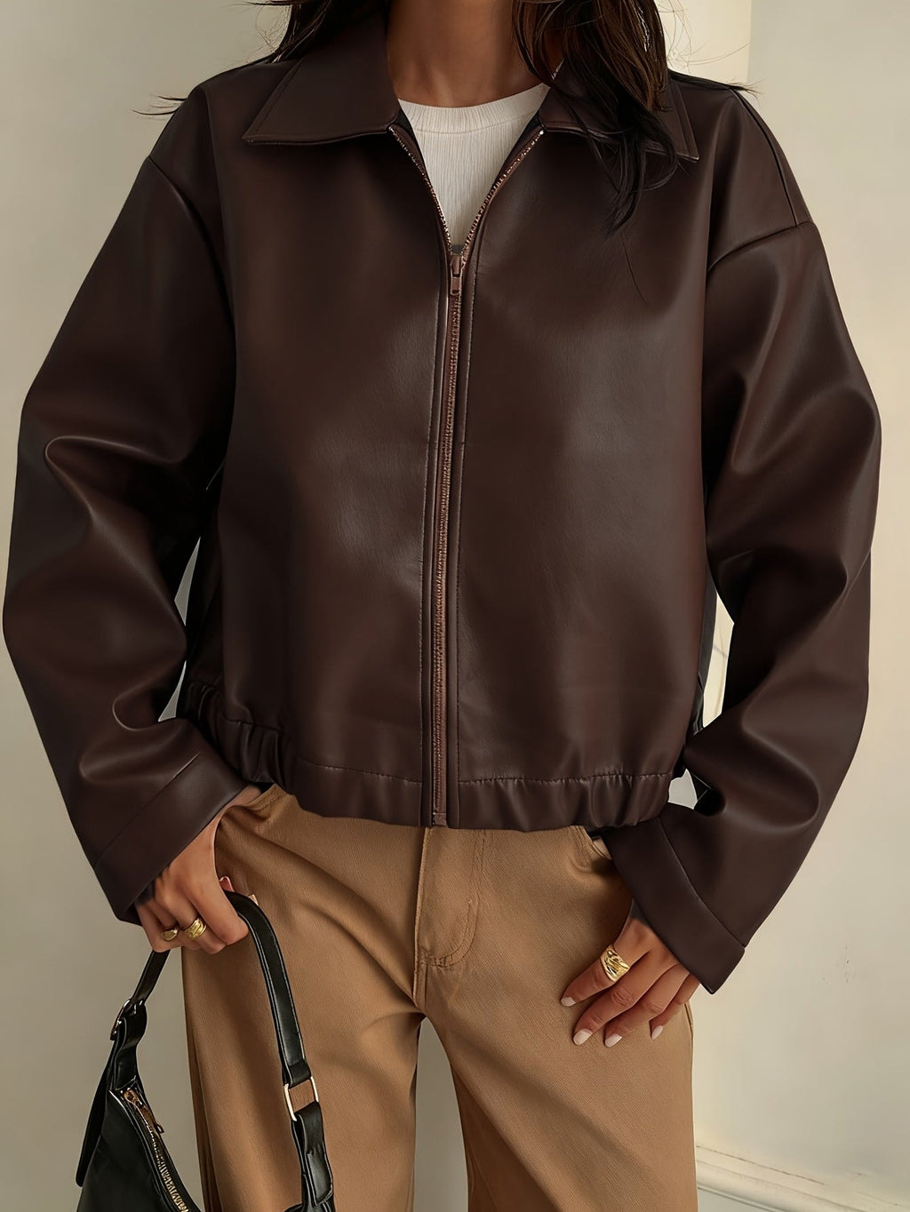 Cropped Faux Leather Jacket with Collar and Zip Front for Women