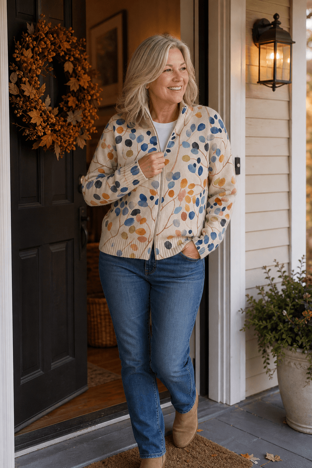 Women's Botanical Print Zip-Up Knit Cardigan Jacket