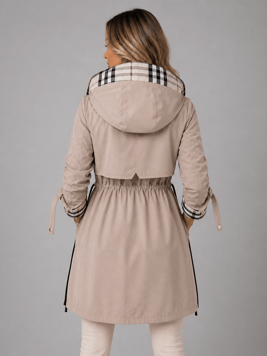Hooded Longline Women's Rain Jacket with Adjustable Zip-Up Waist