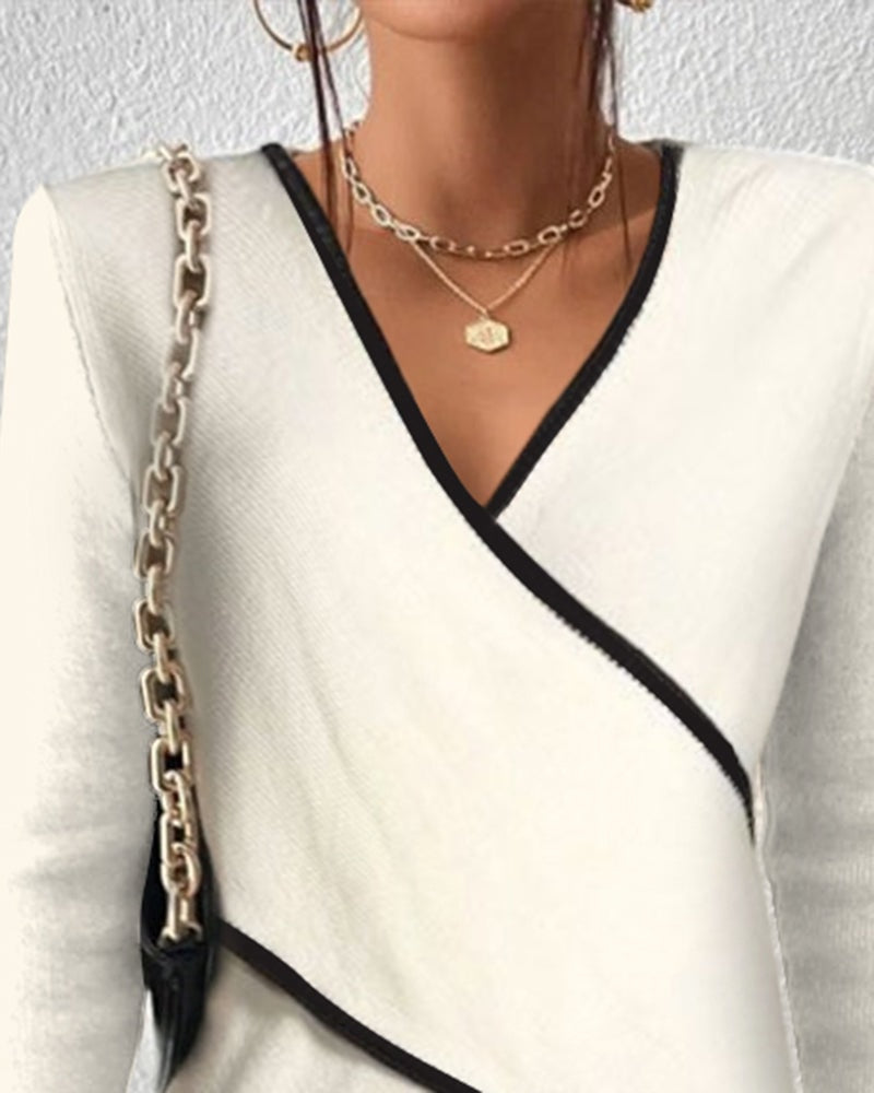 Women's Wrap Front V Neck Knit Sweater with Colorblock Contrast Trim