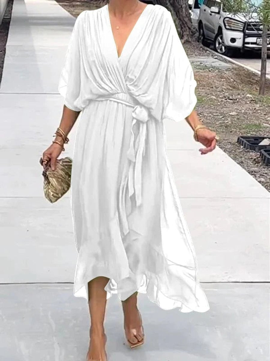 Women's Belted Chiffon Wrap Dress with V-Neck and Flowy Midi Length