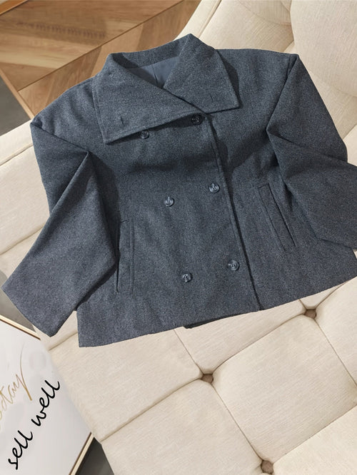 Cropped Wool Pea Coat with Notch Lapel and Double Breasted Button Front