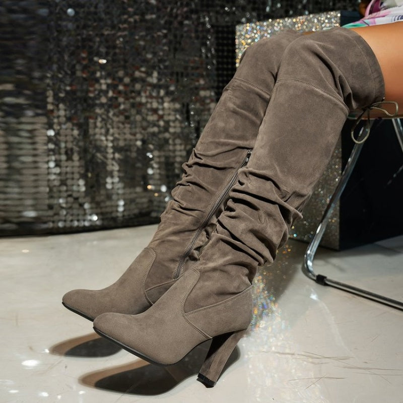 Women's Slouchy Suede Over-the-Knee Block Heel Boots with Lace-Up Detail