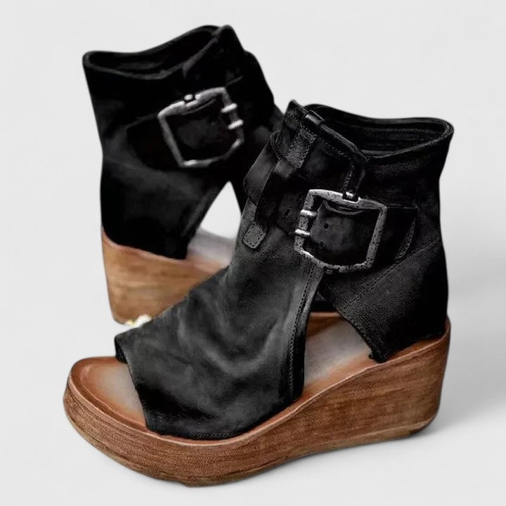 Greta Wedge Peep Toe Brown Boots with Buckle Detail