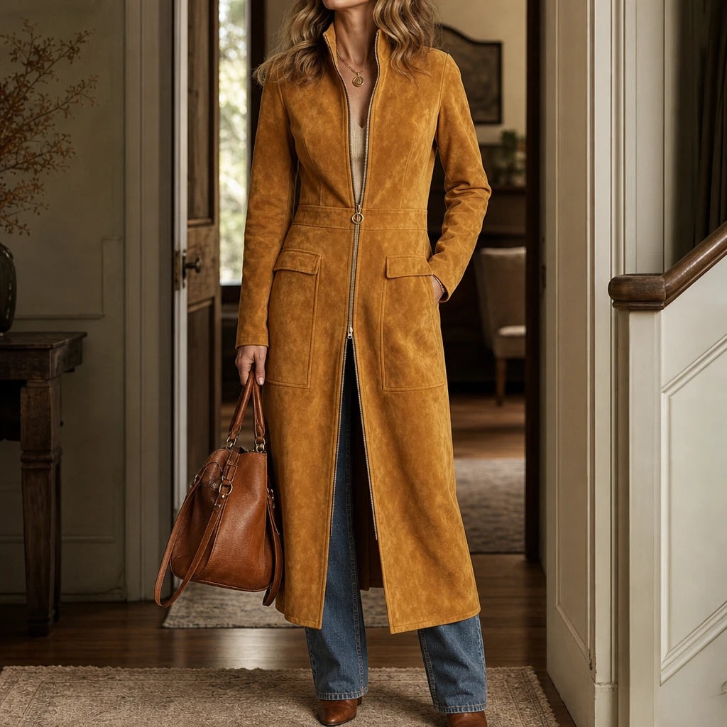 Women's Fitted Long Faux Suede Coat with Stand Collar and Full-Length Zip