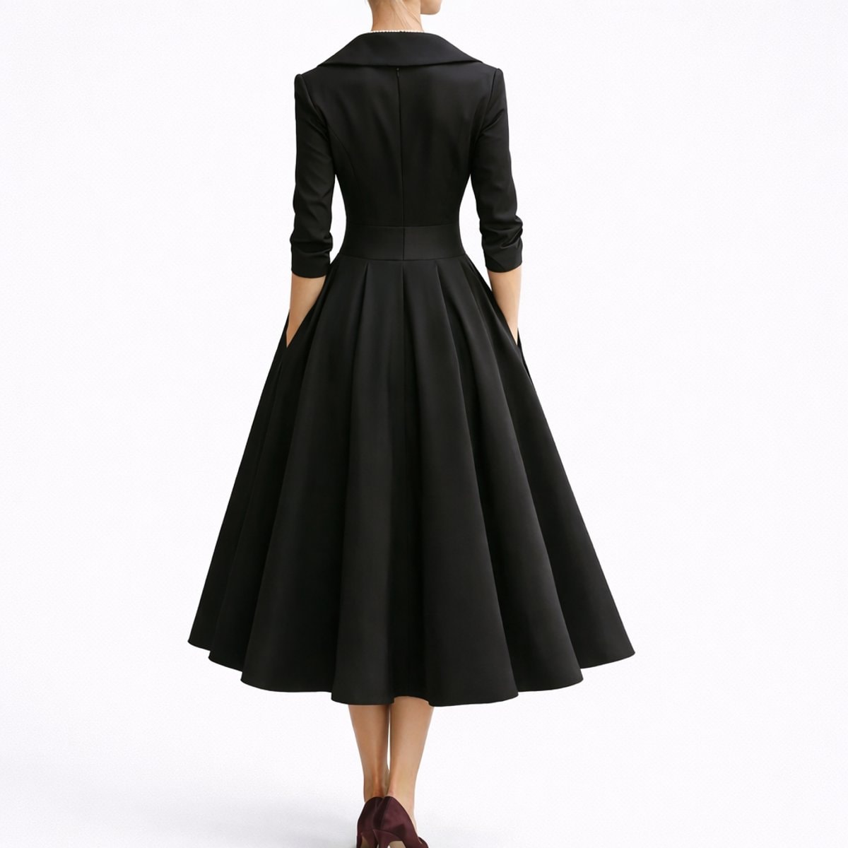 Women's Wrap-Front A-Line Midi Dress with Wide Collar and Side Pockets