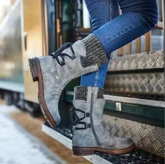 Qing Lace-Up Suede Mid-Calf Women's Boots with Knit Cuff