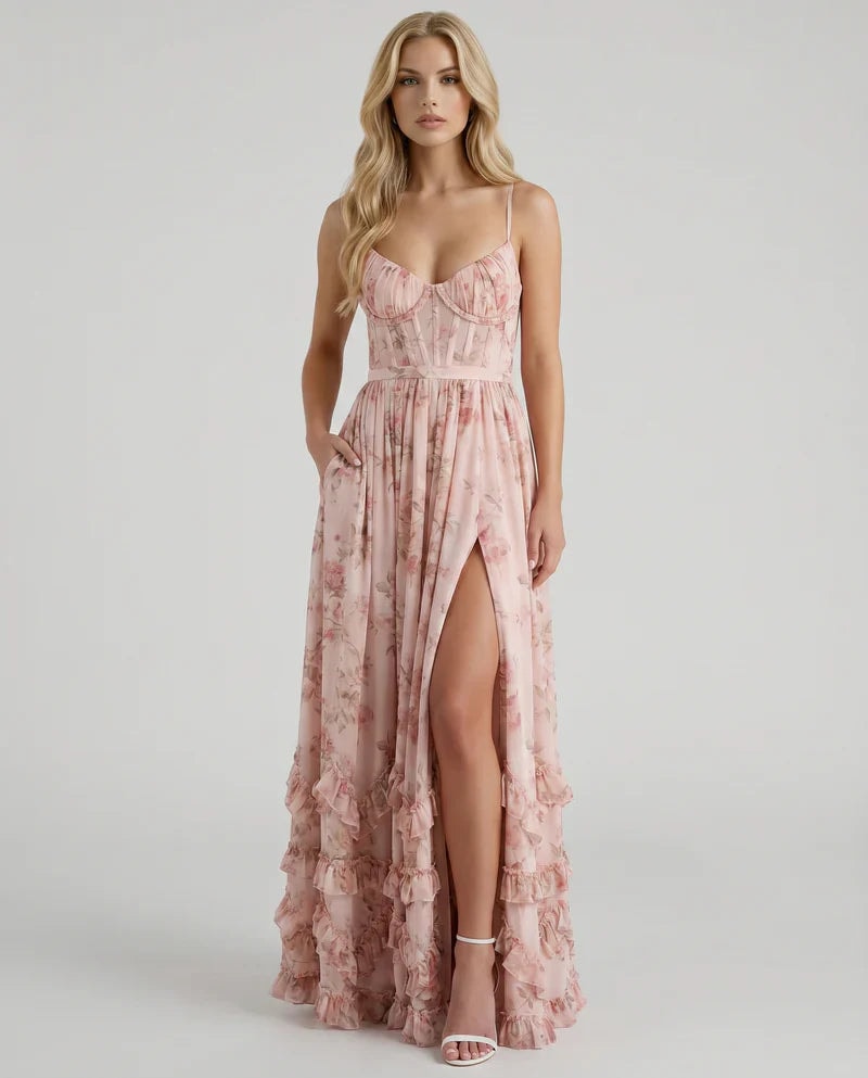 Women's Maxi Floral Chiffon Corset Dress with Tiered Ruffle Hem and Thigh-High Slit