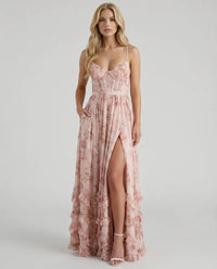 Women's Maxi Floral Chiffon Corset Dress with Tiered Ruffle Hem and Thigh-High Slit