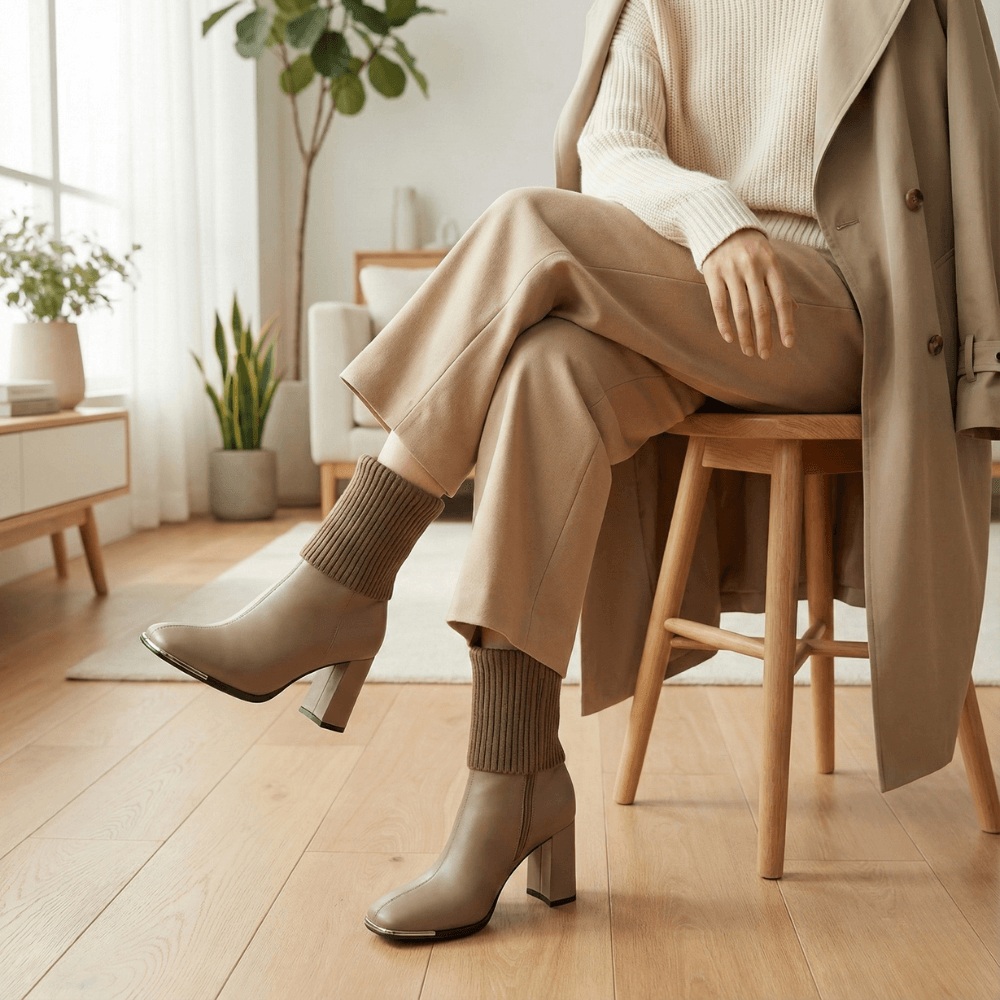 Stretch Knit Block Heel Boots with Side Zipper for Women