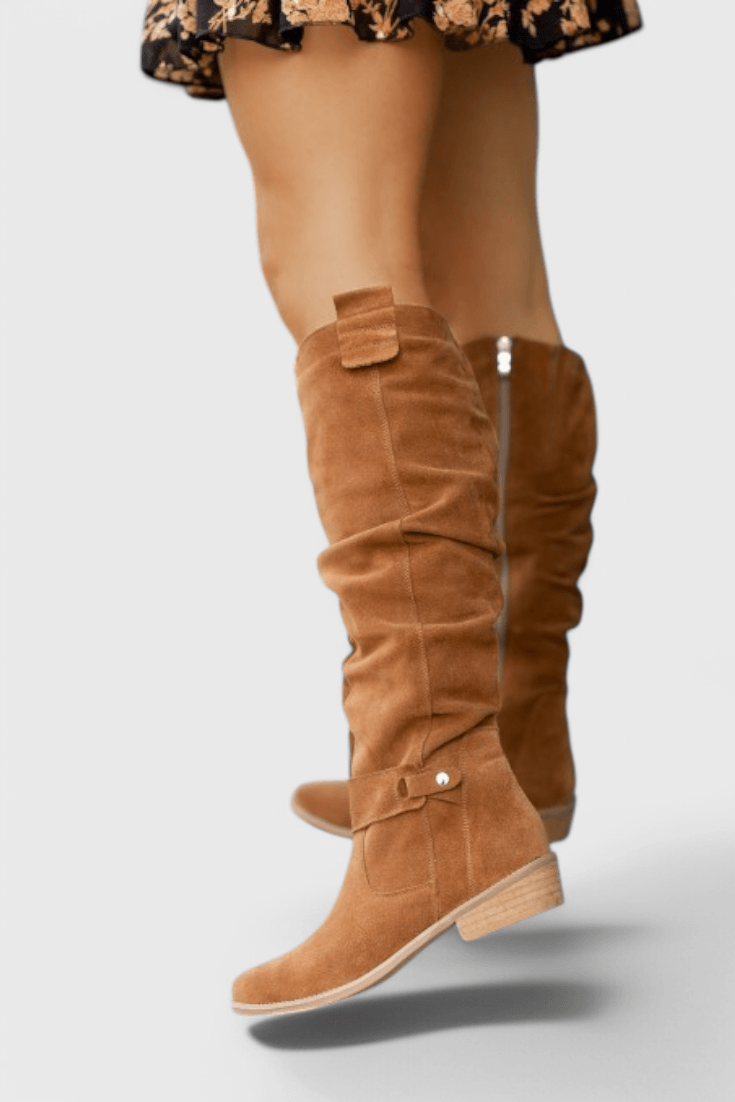 Celine Slouchy Suede Knee-High Women's Boots with Buckle Detail