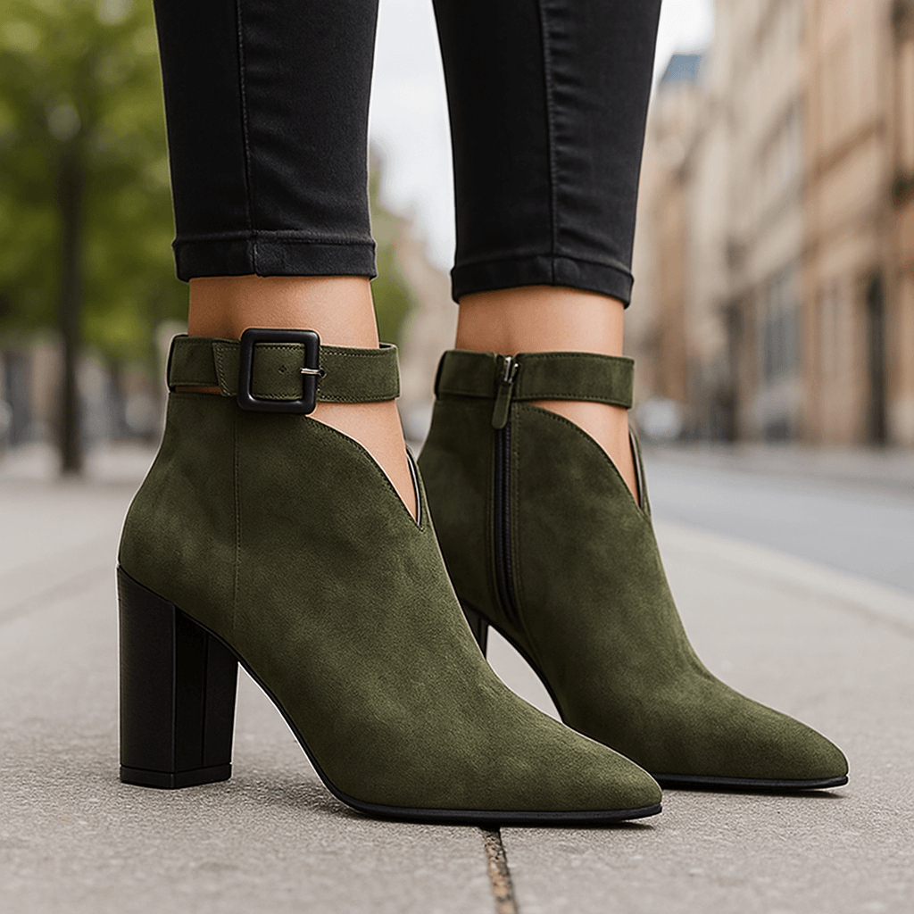 Women's Suede Ankle Boots with V-Cut Front and Buckle Strap Block Heel