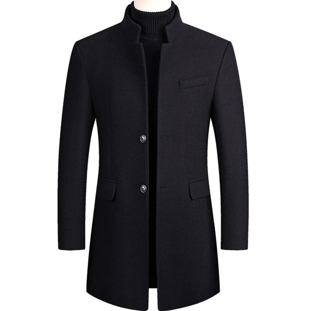 Men's Slim Longline Stand-Collar Overcoat with Flap Pockets for Winter