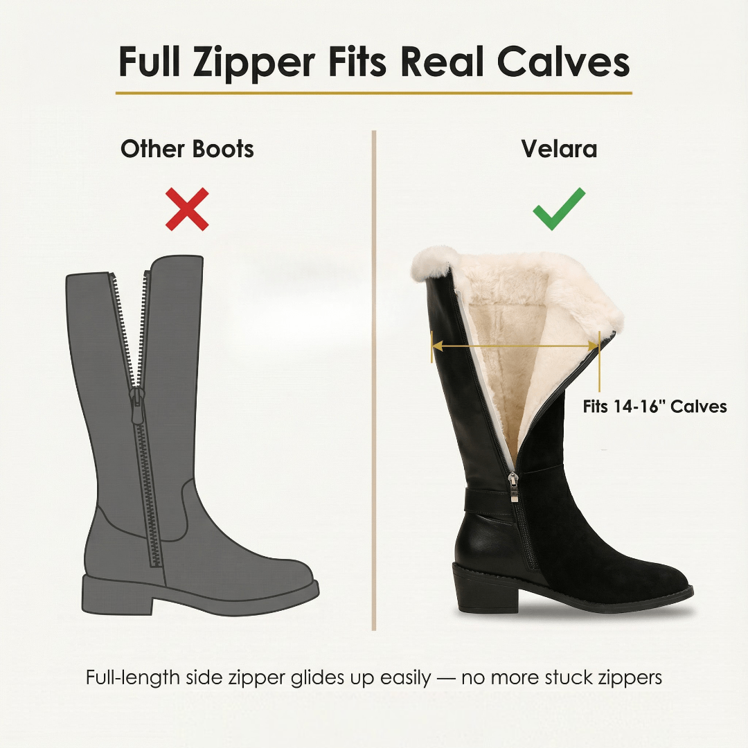 Velara Women's Black Fleece-Lined Knee-High Boots with Block Heel