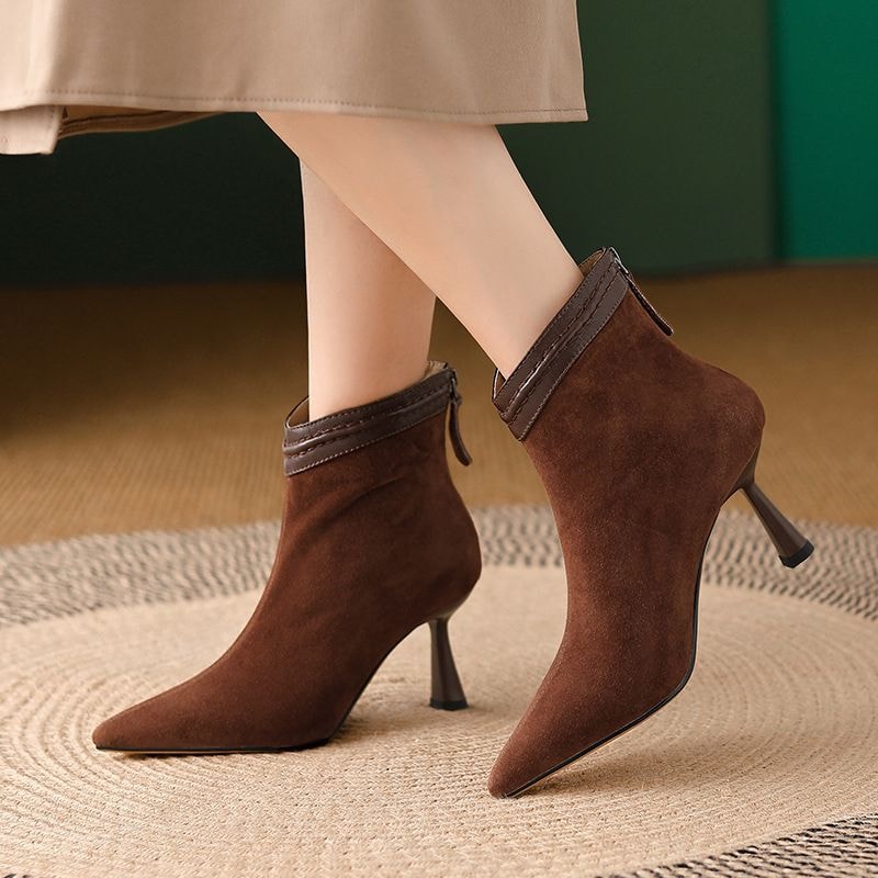 Fang Pointed-Toe Suede Women's Ankle Boots with Sculpted Kitten Heel