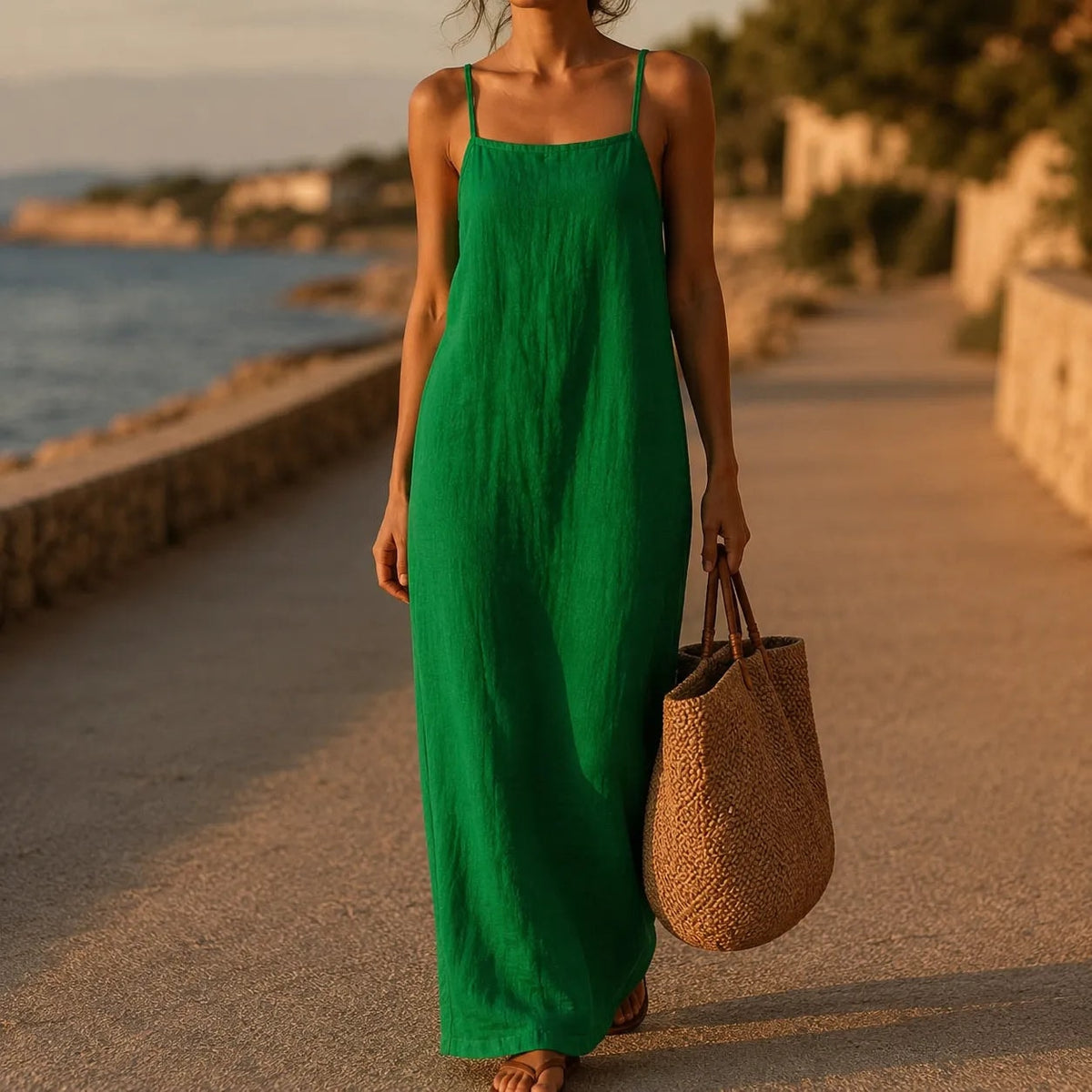 Marelle Spaghetti Strap Linen-Look Women's Midi-Length Slip Dress