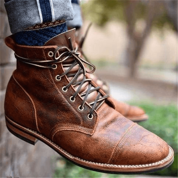 Men's Brown Lace-Up Cap Toe Ankle Boots with Stacked Heel
