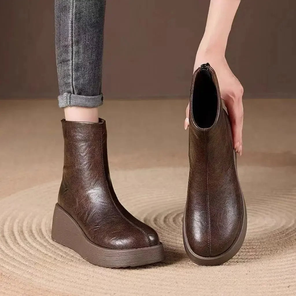 Women's Heeled Leather Platform Ankle Boots with Retro Round Toe and Back Zip