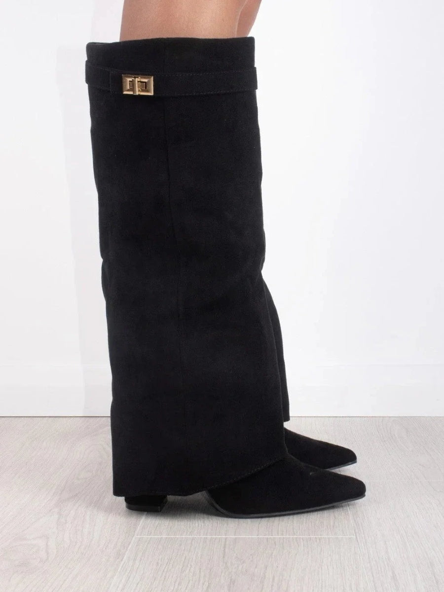 Knee-High Fold-Over Brown Boots with Buckle Strap for Fall and Winter