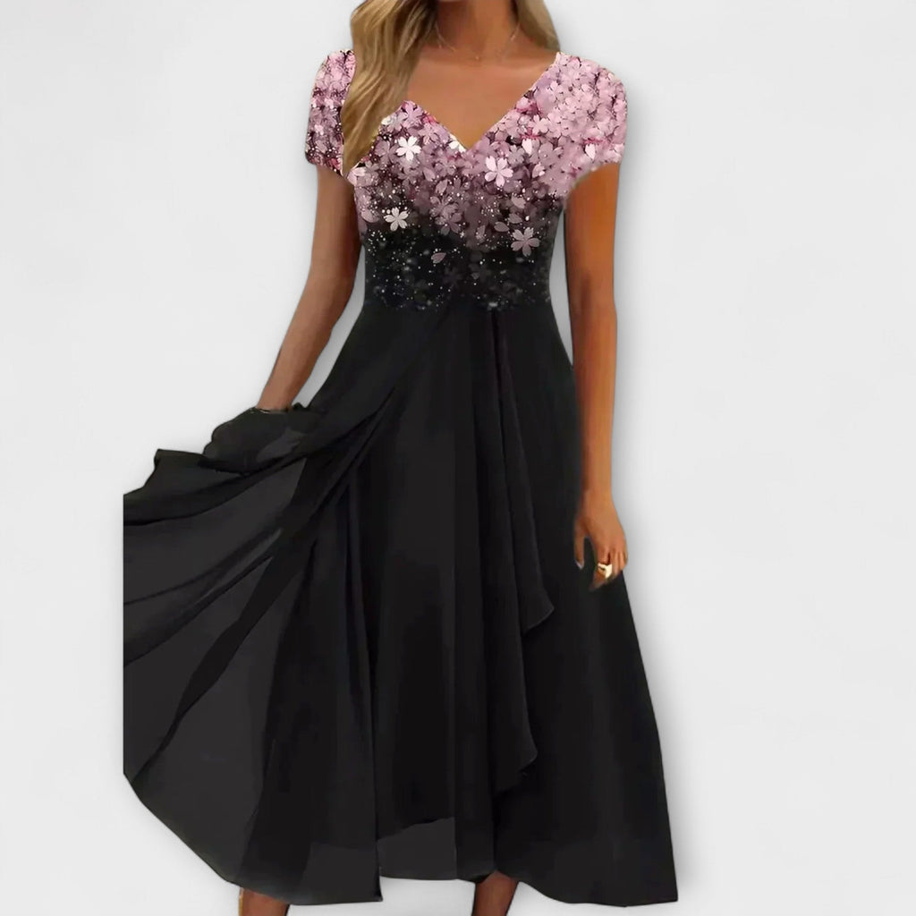 Women's Ombre Print V-Neck Chiffon Midi Dress with Short Sleeves and Layered Skirt