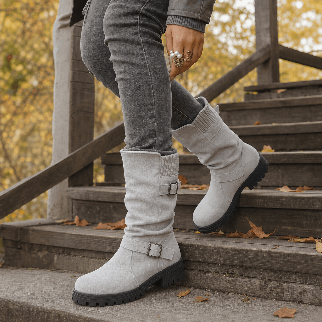 Ribbed Cuff Lug Sole Slouch Women's Boots with Suede-Look Upper