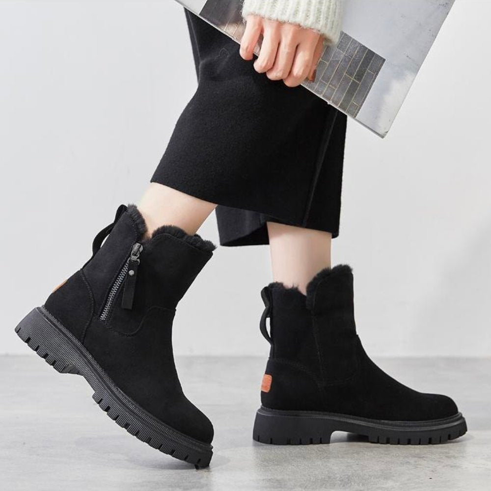 Fur-Lined Suede Winter Ankle Boots with Zipper Detail for Women