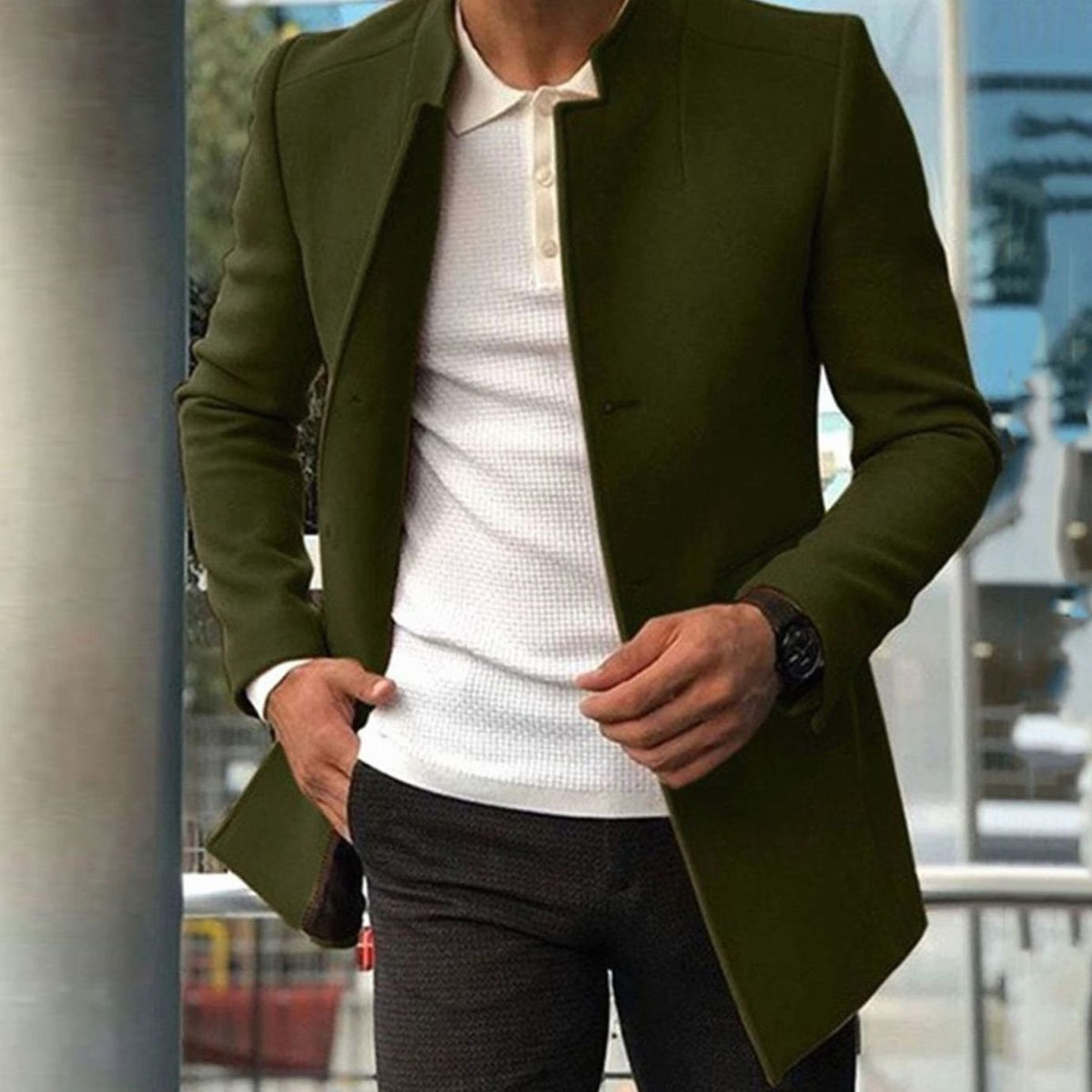 Men's Tailored Slim-Fit Long Winter Coat with Stand Collar