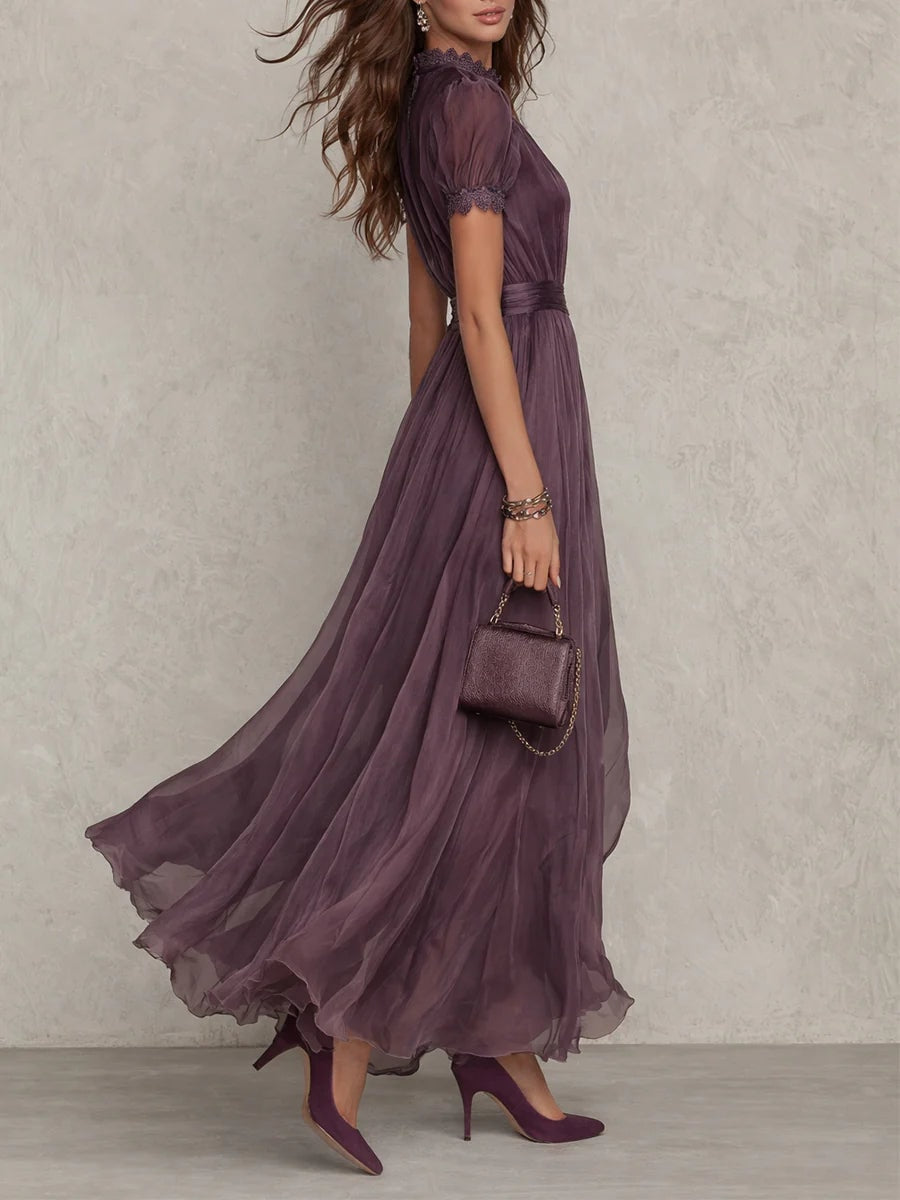 Lace Trim Gathered Waist Maxi Fall Dresses for Women Wedding Guest Events