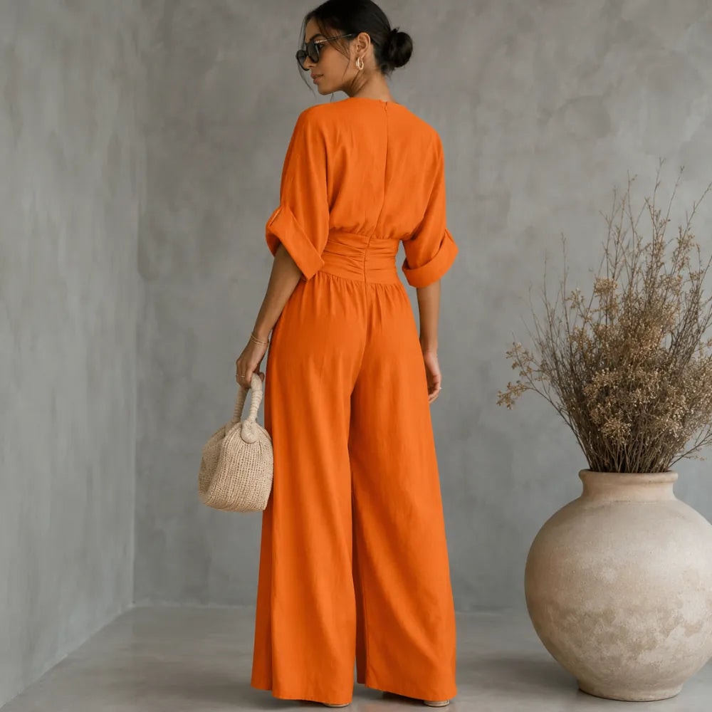 Wide-Leg Jumpsuit with V Neck and Pleated Waist Sash