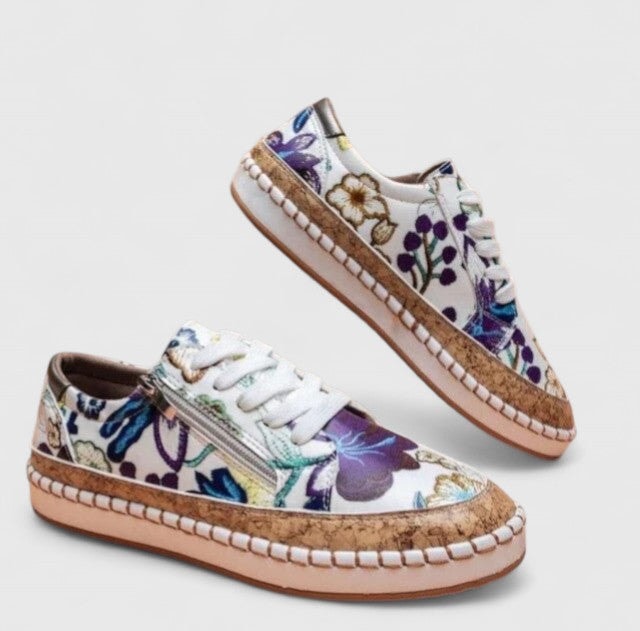Floral Embroidered Platform Sneakers with Cork Sole for Women