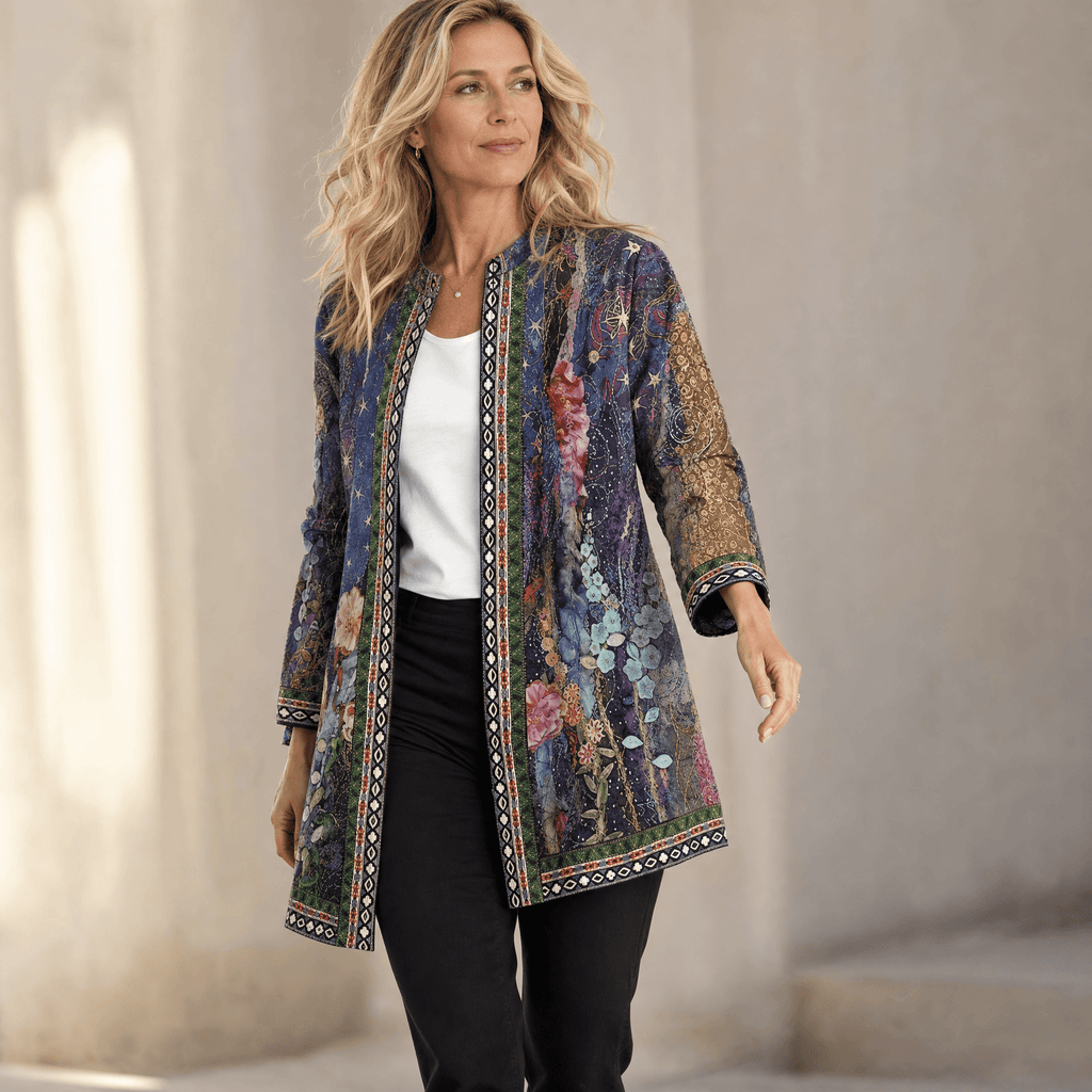 Patterned Open-Front Jacket with Embellished Trim for Women