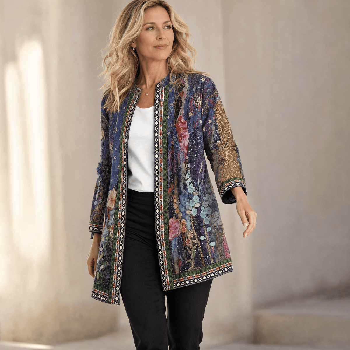 Patterned Open-Front Jacket with Embellished Trim for Women