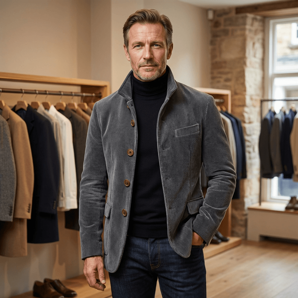 Men's Tailored Corduroy Jacket with Button Front Closure